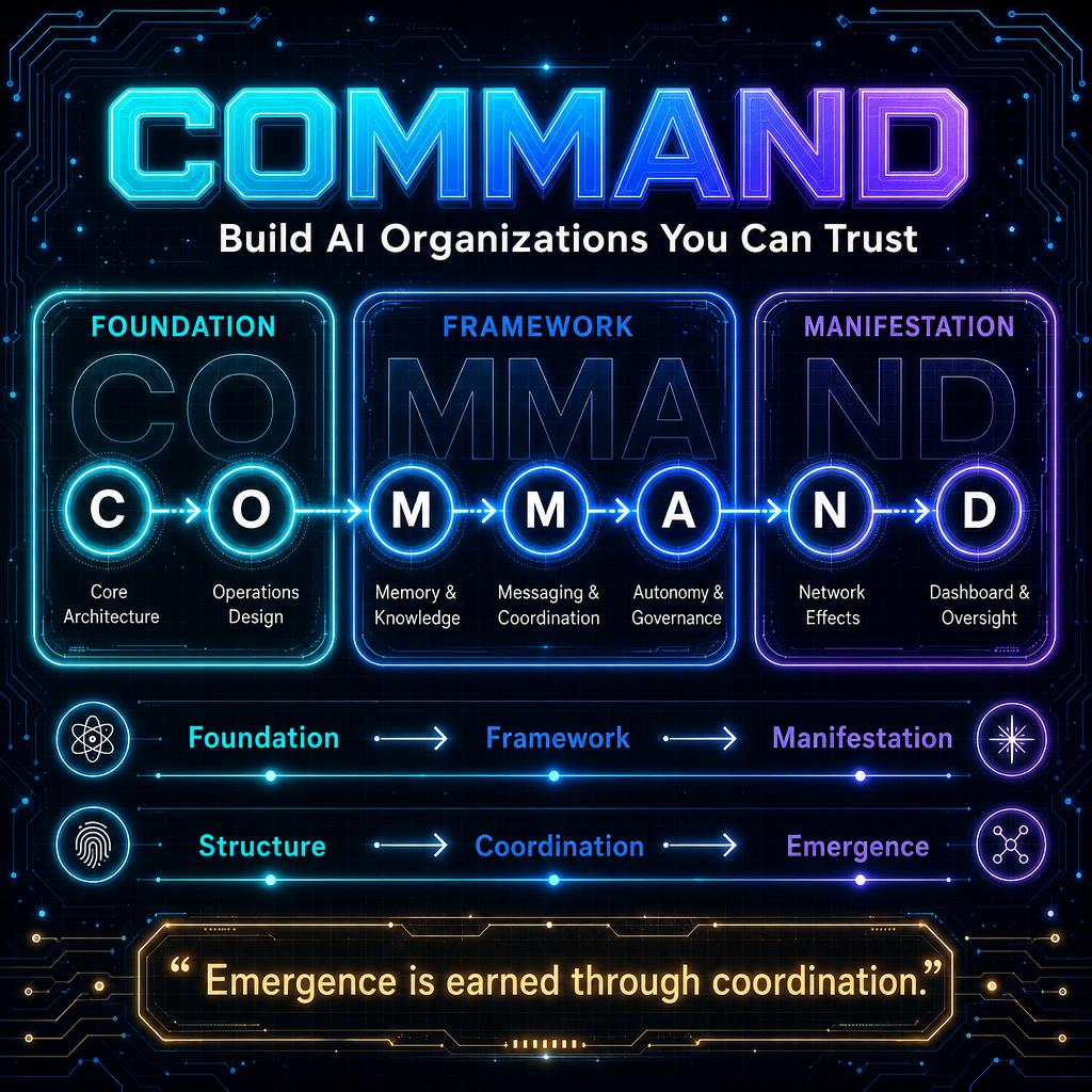 COMMAND framework infographic showing Core Architecture, Operations Design, Memory and Knowledge, Messaging and Coordination, Autonomy and Governance, Network Effects, and Dashboard and Oversight.