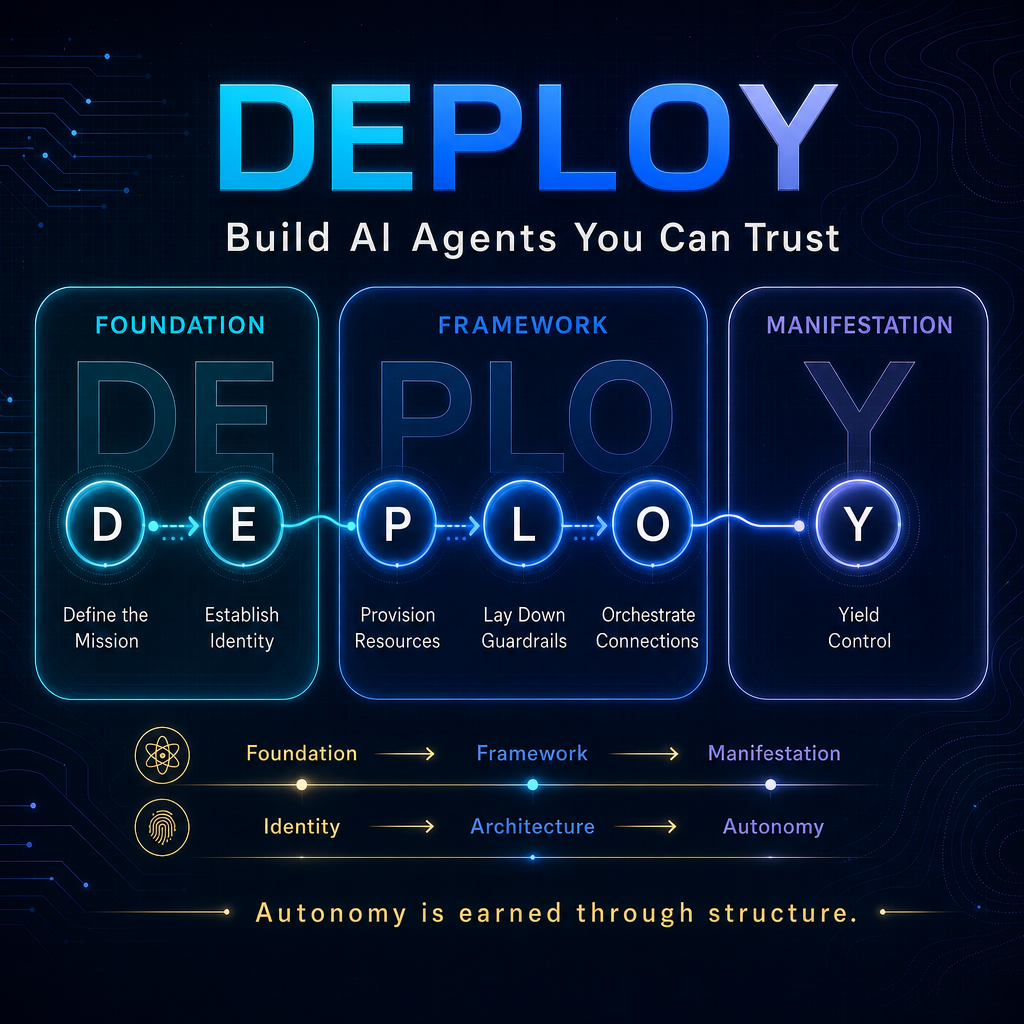 DEPLOY framework infographic showing the six stages: Define the Mission, Establish Identity, Provision Resources, Lay Down Guardrails, Orchestrate Connections, and Yield Control.
